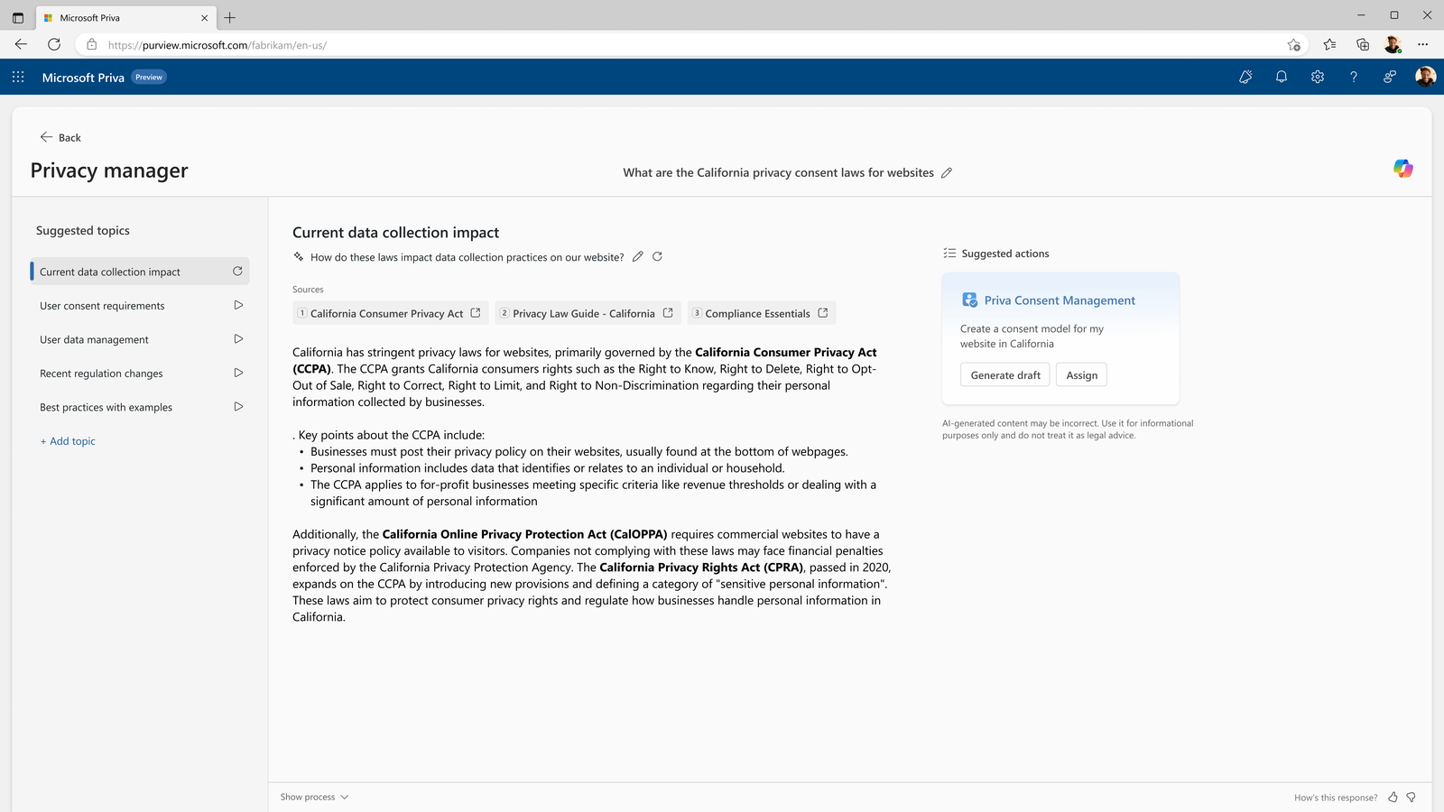 Shipped Copilot response to a California privacy law question, with three numbered sourced citations and a suggested action card for Priva Consent Management