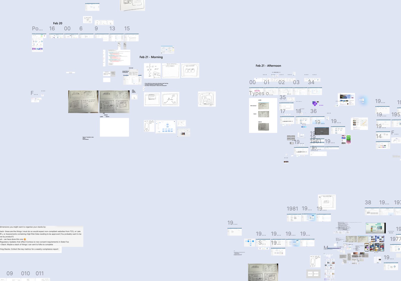 Wide bird's-eye view of the Figma exploration board showing dozens of dated iterations across multiple days