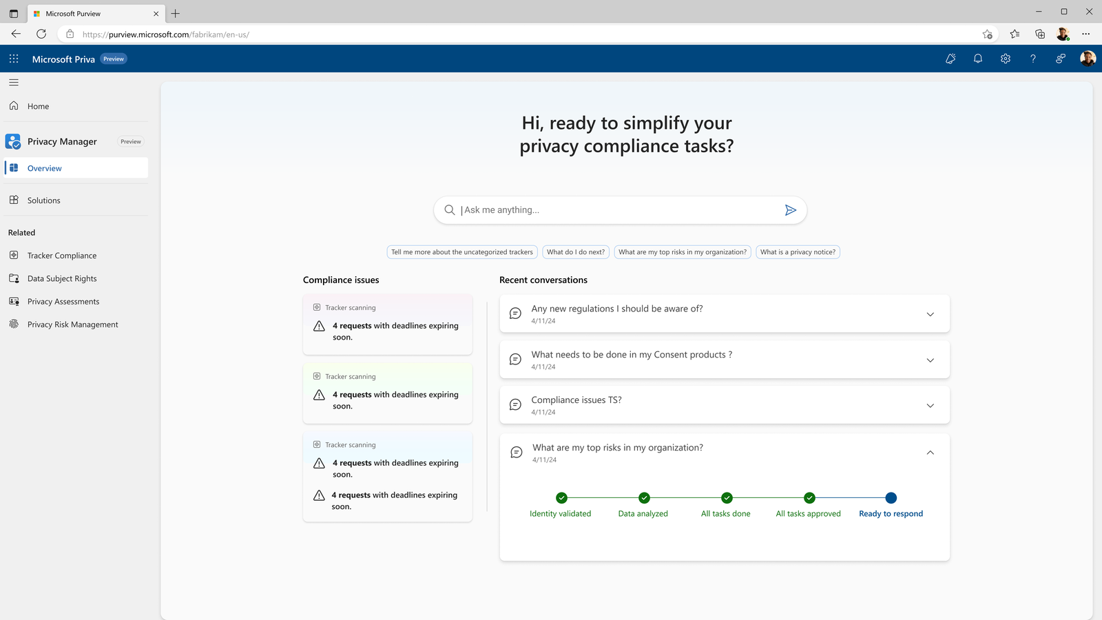 Alternate Privacy Manager home layout, Priva-branded, with a large search bar, compliance issue cards, and an expandable recent-conversations panel showing a status stepper