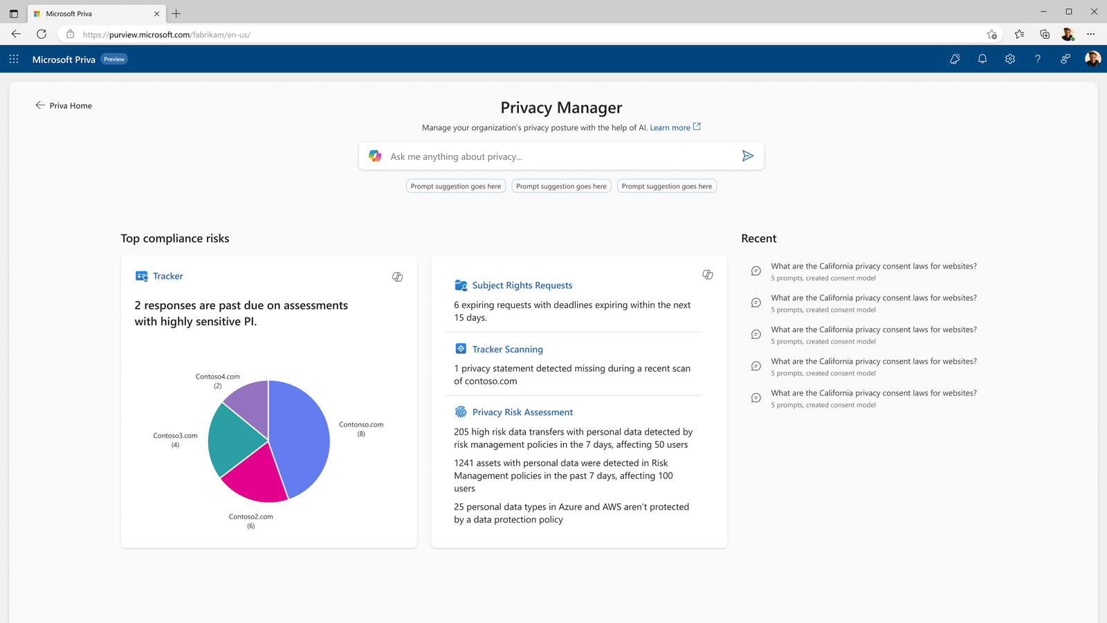 Shipped Privacy Manager home screen populated with the user's history, showing compliance-issue cards each with a small Copilot icon in the corner