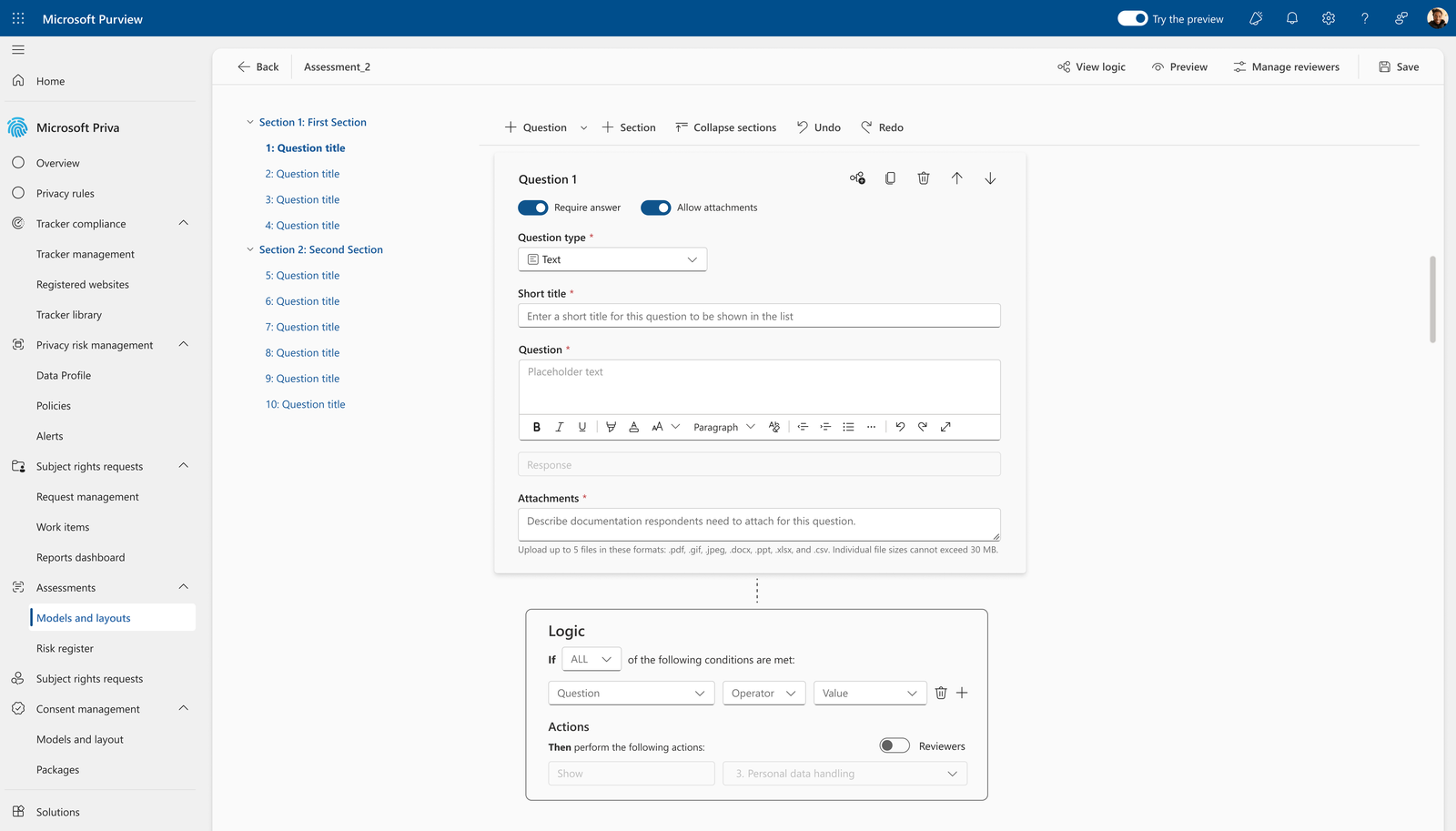 Shipped Assessment builder with question configuration and a conditional logic panel
