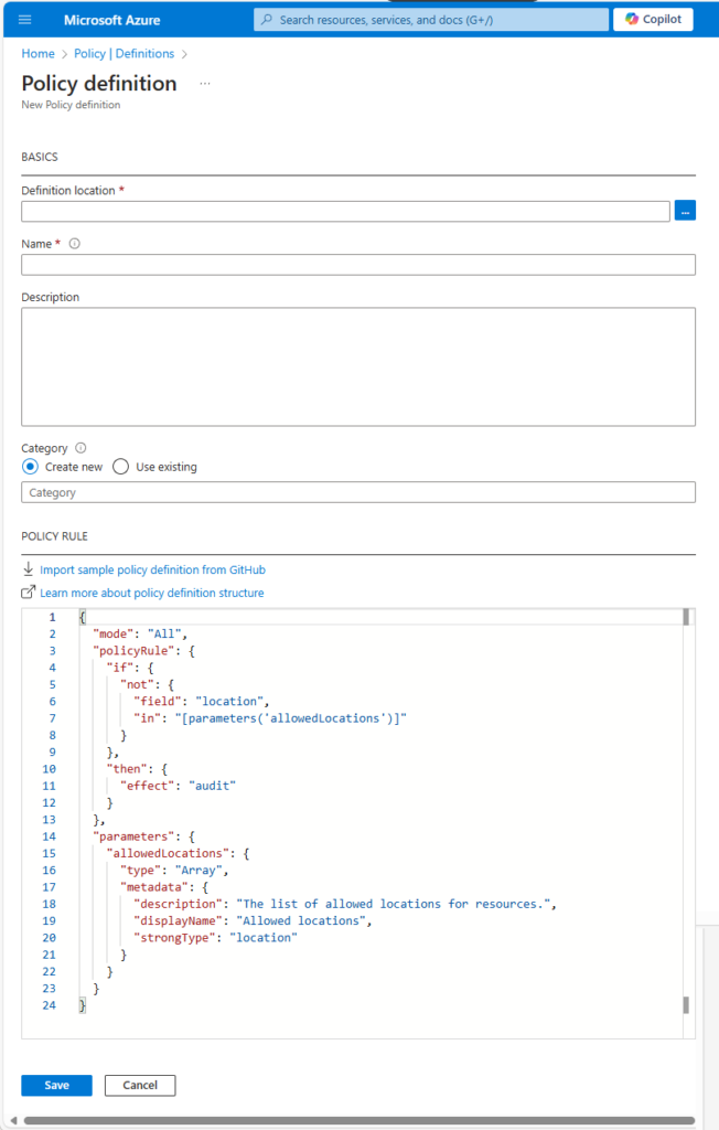 Azure's existing Policy definition form, where the policy rule is authored as raw JSON in a code editor beneath the name and category fields