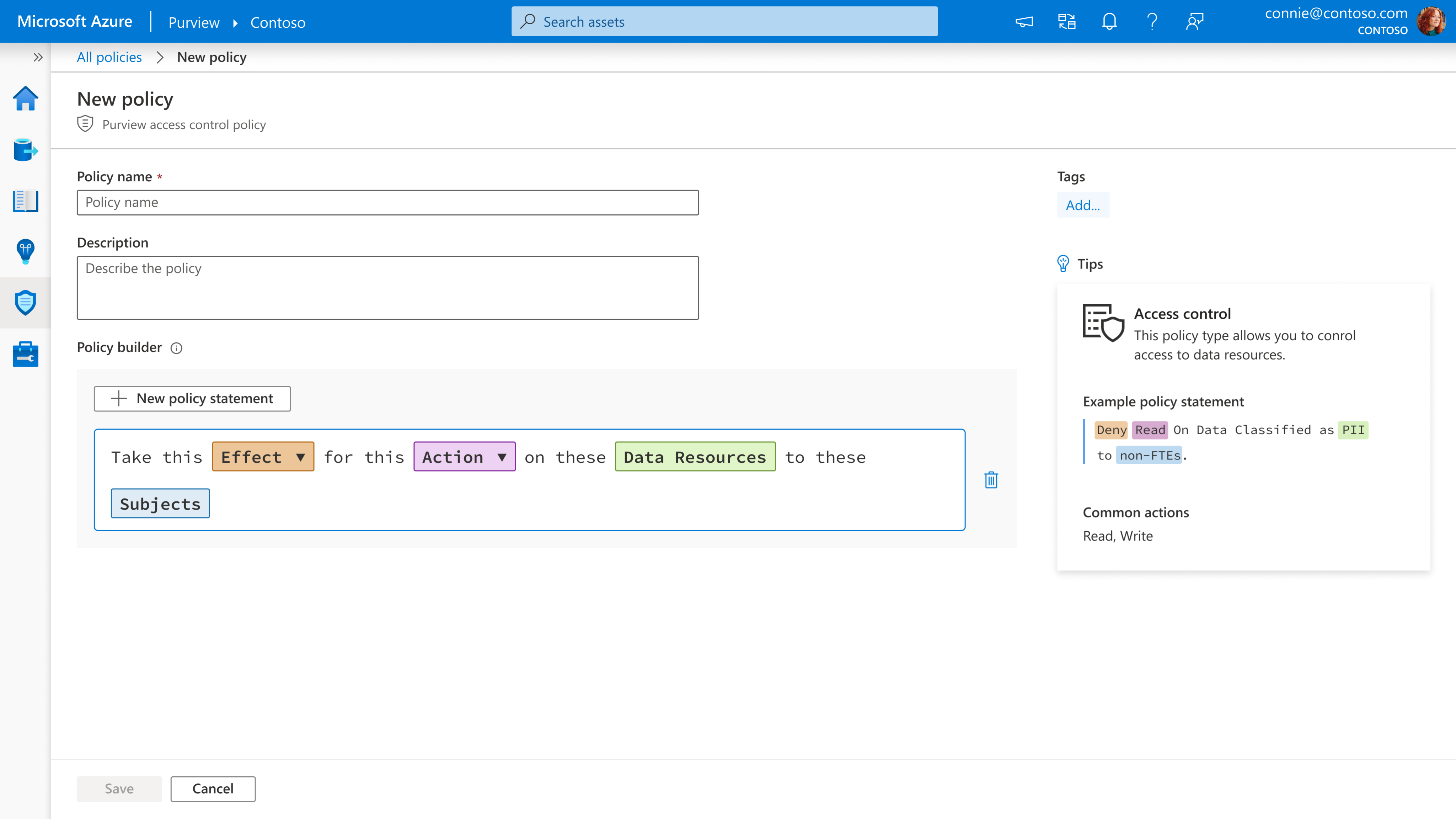 Shipped New policy screen in Azure Purview, with the policy builder sentence and a Tips panel showing an example policy statement