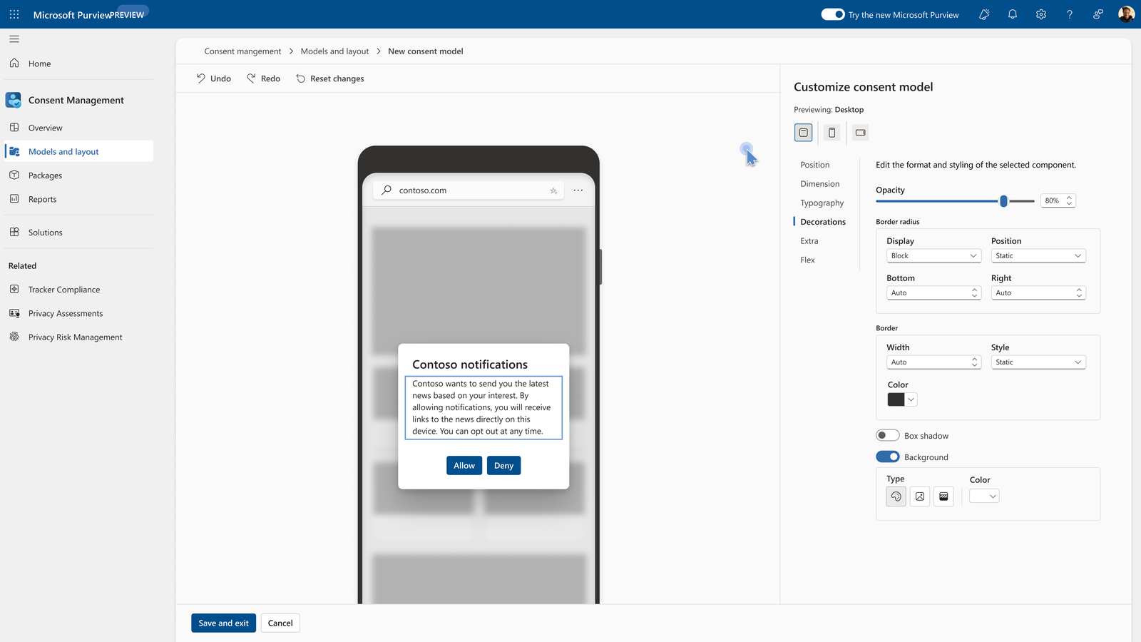 Shipped consent model customization panel with a live device preview of a cookie notification banner