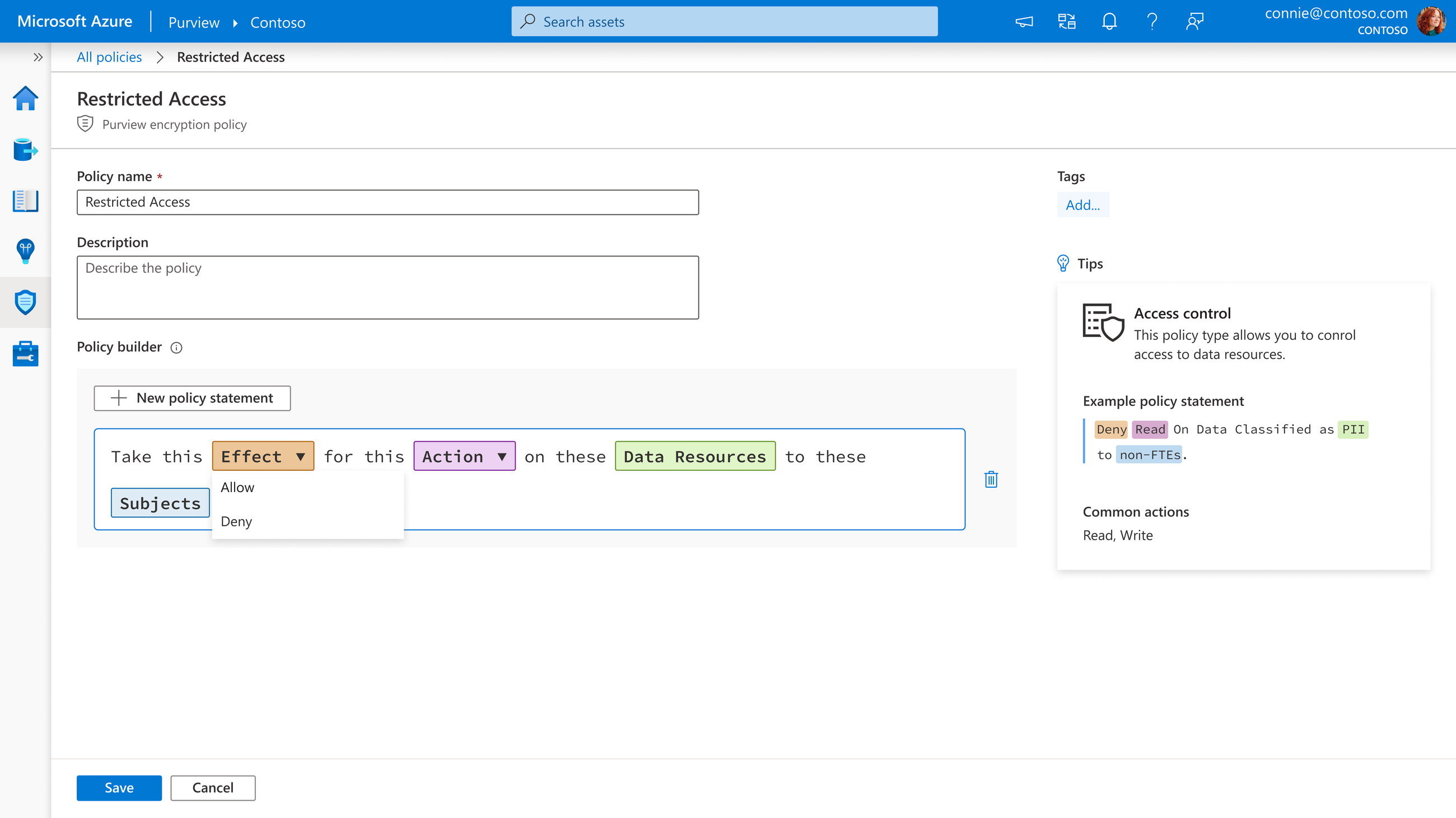 Shipped Azure Purview policy builder for a Restricted Access encryption policy, with the Effect dropdown open showing Allow and Deny options