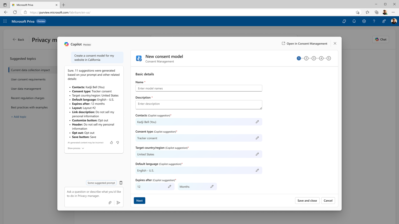 Shipped consent model wizard with 11 fields pre-populated by Copilot, each editable and labeled as a Copilot suggestion