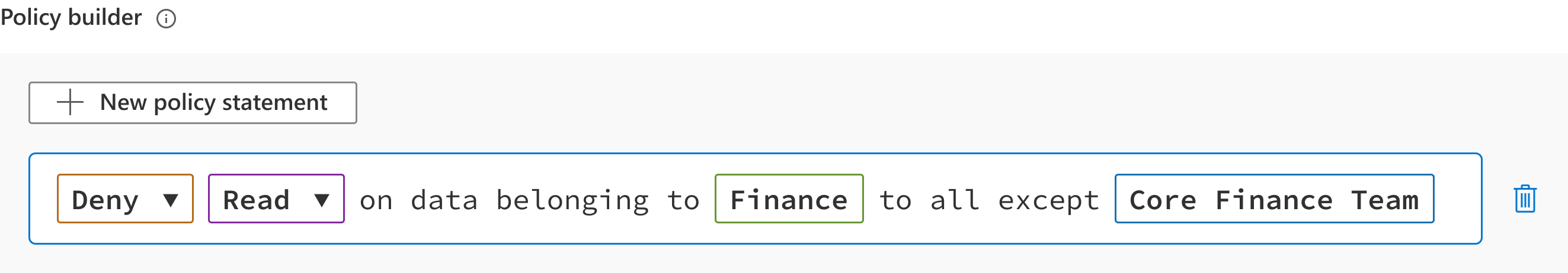 The same builder filled in — "Deny Read on data belonging to Finance to all except Core Finance Team"
