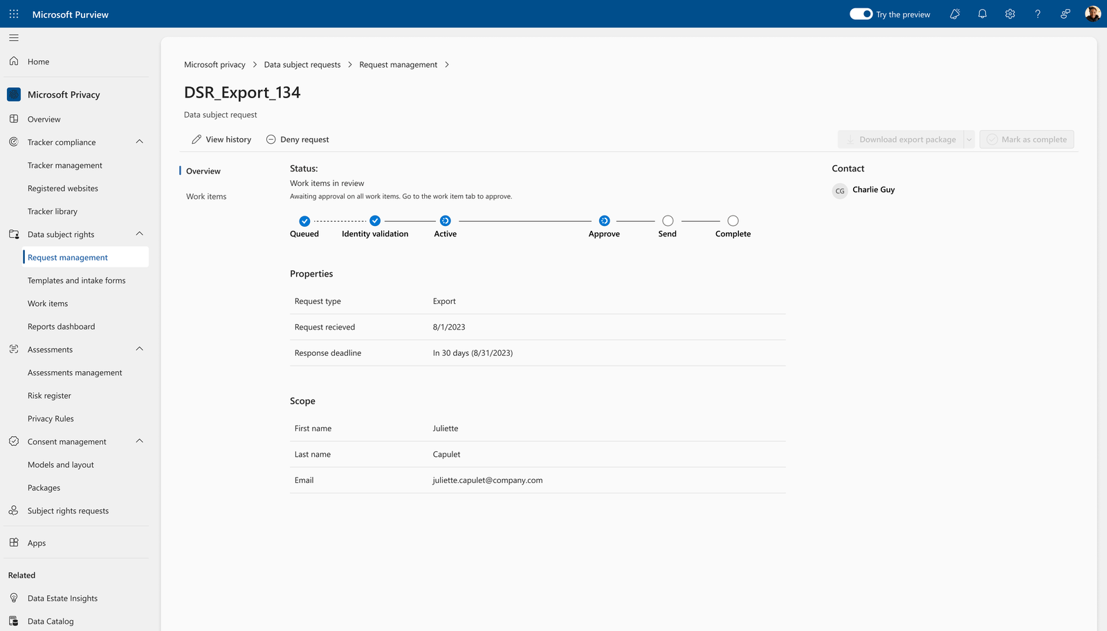 Shipped DSR case detail view showing a status stepper from Queued through Complete, request properties, and scope fields