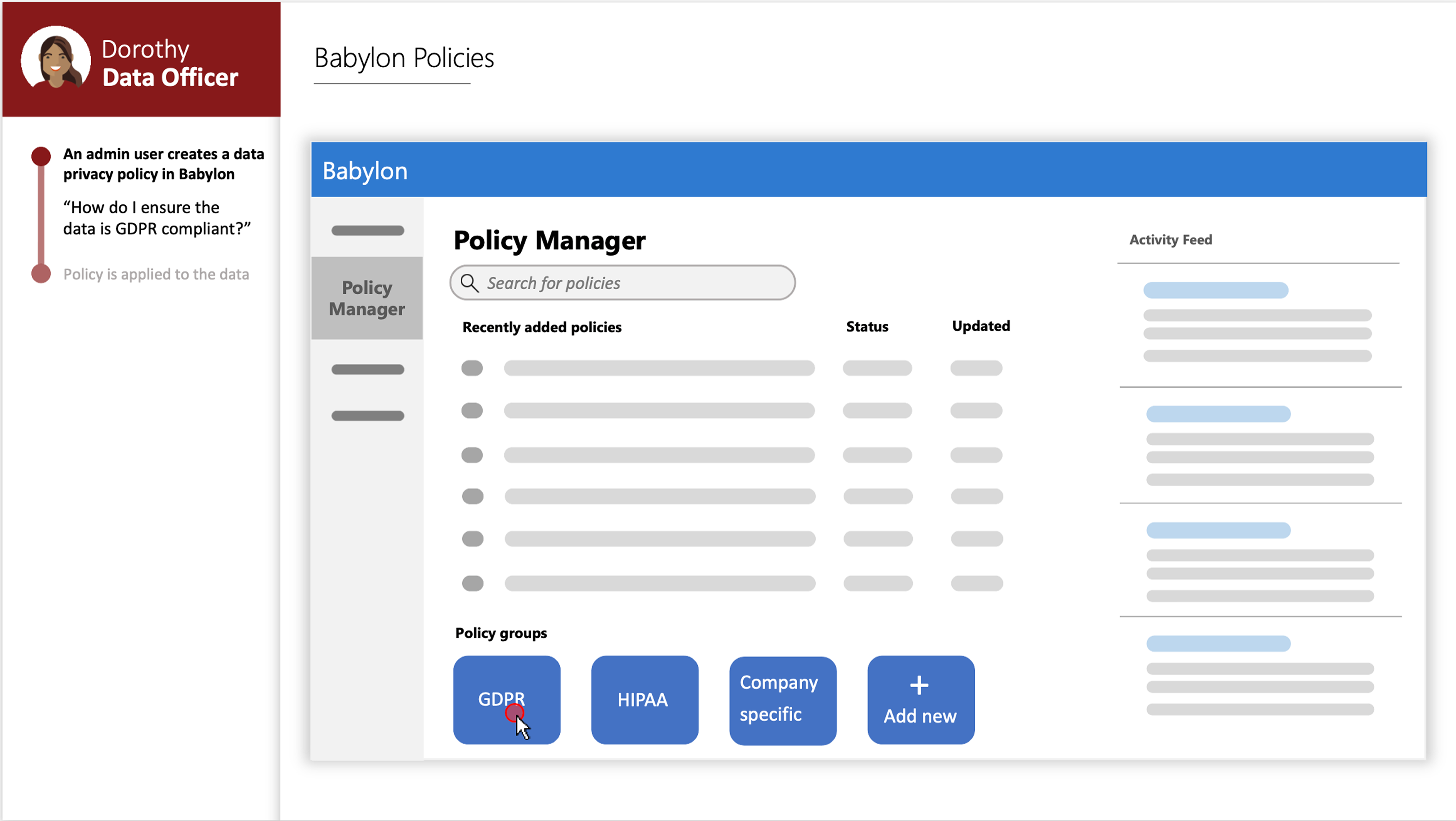 Storyboard frame: Dorothy the Data Officer asks how to ensure data is GDPR compliant, and opens Babylon's Policy Manager to the GDPR policy group