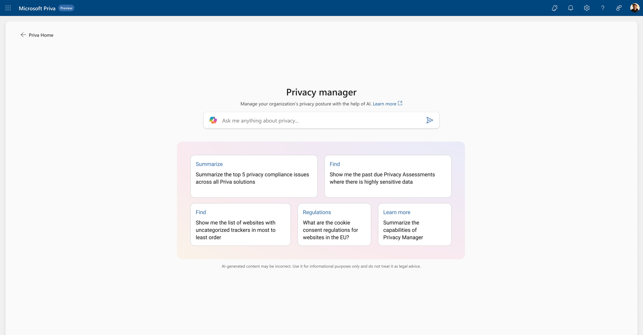 Shipped Privacy Manager Copilot landing screen with an Ask me anything prompt bar and Summarize, Find, Regulations, and Learn more suggestion cards
